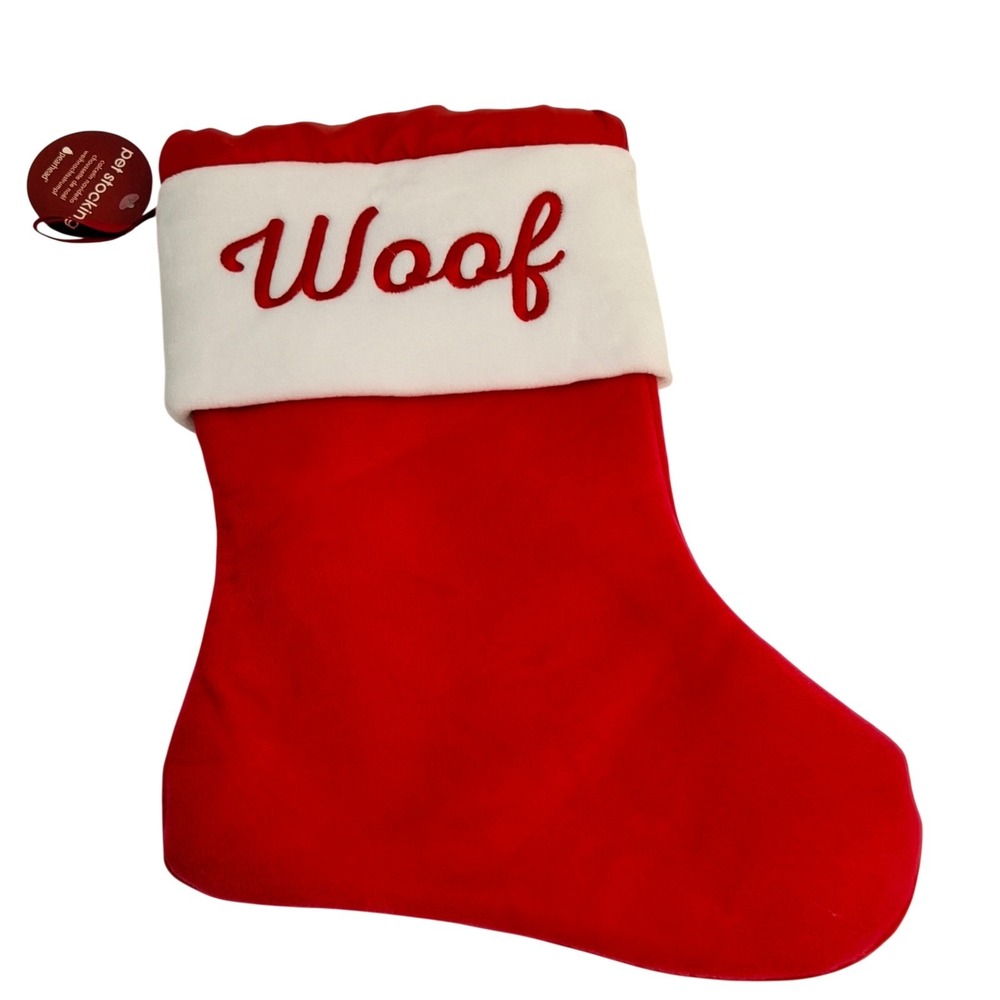 2 "Woof" Plush Christmas Stockings Red Plush/White Sherpa/Embroidered Dog Pet